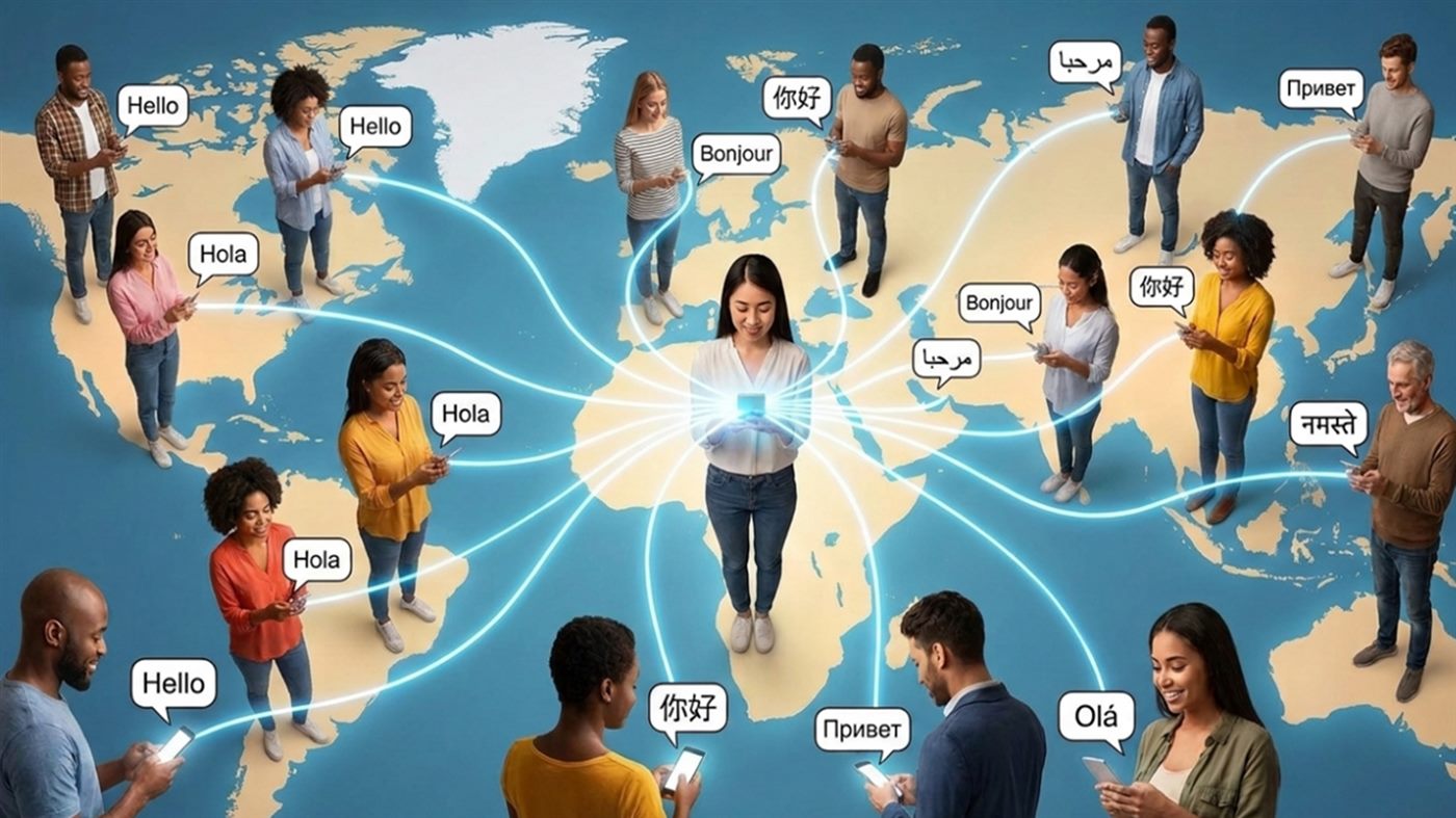 People connected across a multilingual world map
